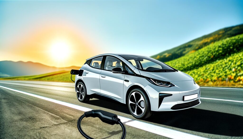 A white electric car charging, parked on a road with a scenic hillside background and setting sun.