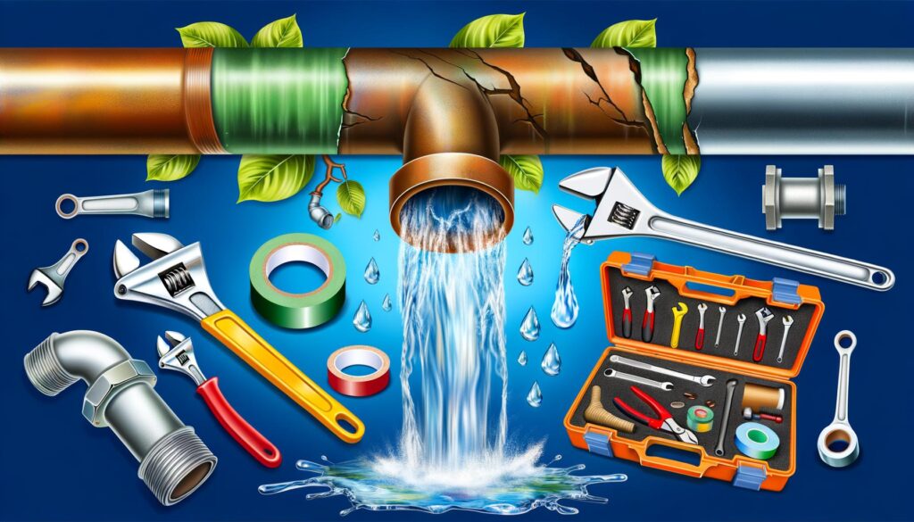 A leaking pipe surrounded by wrenches, tape, pipe fittings, and a toolbox against a blue background.