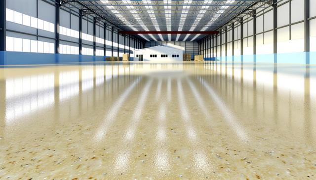 Large, empty industrial warehouse with high ceilings, bright lighting, and a reflective floor.