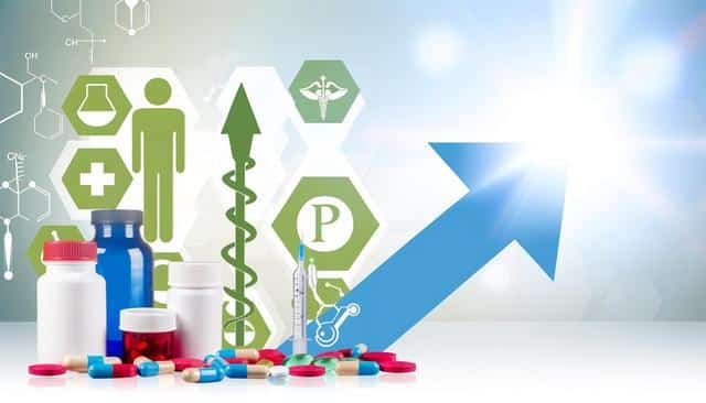 Colorful medicine bottles, pills, and a syringe with medical icons and a large blue upward arrow.