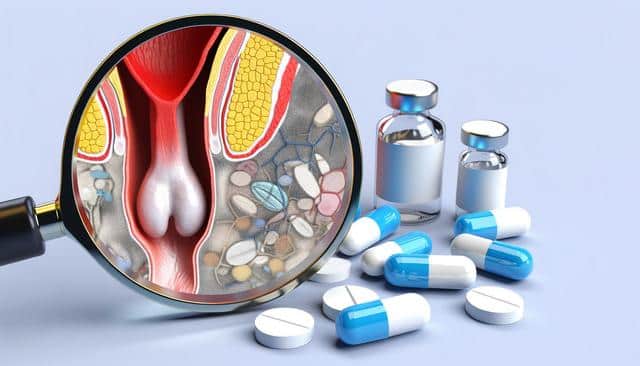 A magnifying glass showing a medical diagram, surrounded by pills and medicine vials.