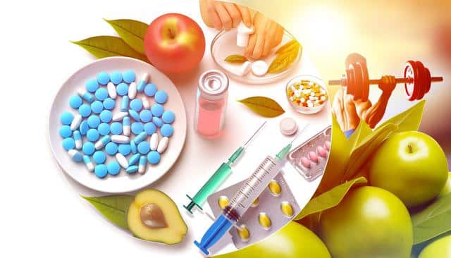 Collage showing pills, syringes, fruit, and a person lifting weights.