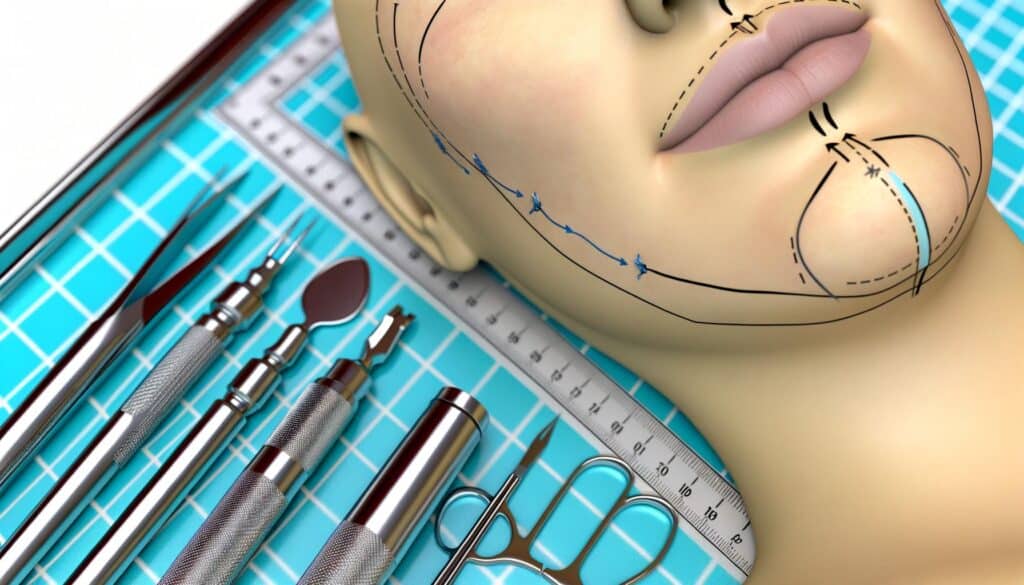 Close-up of a mannequin head with surgical markings, surrounded by medical tools on a blue grid surface.