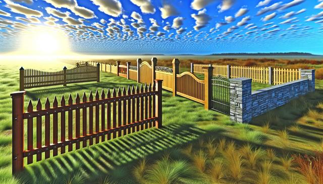 A grassy landscape with various wooden and stone fences casting shadows, under a bright sky with scattered clouds.