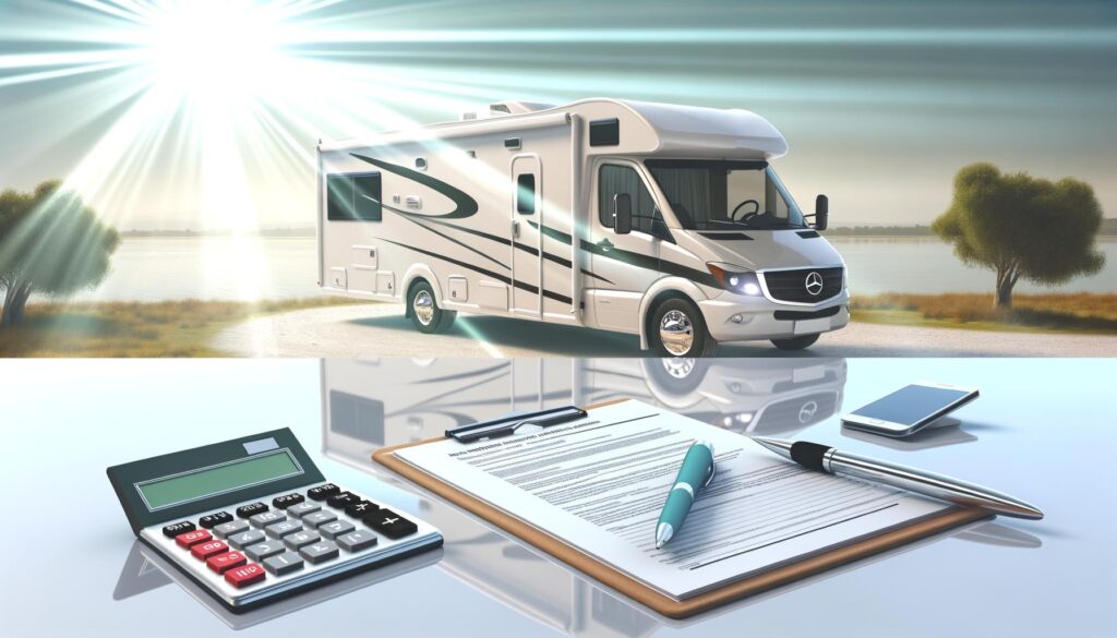 A motorhome by a lake with bright sun rays, and a desk with a calculator, clipboard, pen, and smartphone.