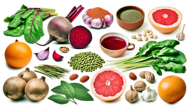 An assortment of vegetables, fruits, nuts, seeds, and herbs on a white background.