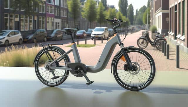 A modern electric bicycle on display, with a city street and parked bikes in the background.