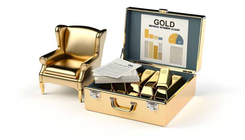 A golden chair next to an open briefcase with gold bars, documents, and a chart labeled "Gold Individual Retirement Account."