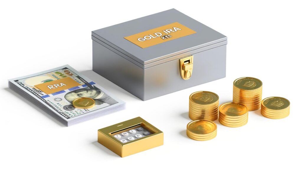 A silver lockbox labeled "Gold IRA Kits," stacks of gold coins, a calculator, and a stack of 100-dollar bills labeled "RRA."