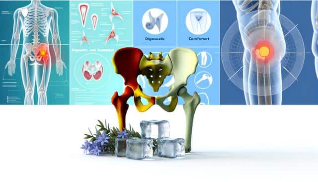 Diagram showing a hip joint anatomy with highlighted pain areas, surrounded by ice cubes and flowers.