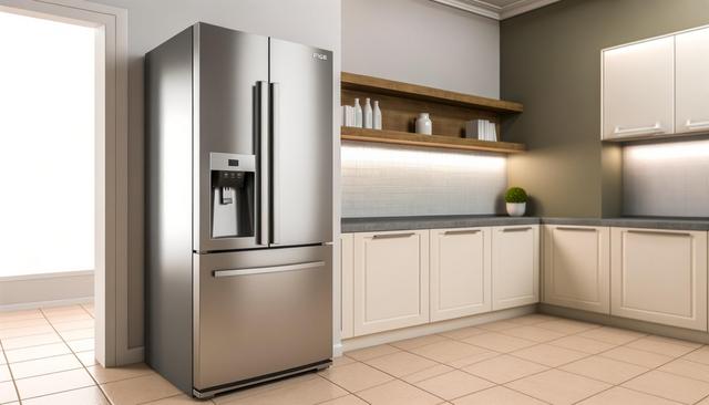 Modern kitchen with stainless steel refrigerator and white cabinets.