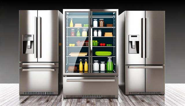 Three modern stainless steel refrigerators, with the middle one open showing various groceries.