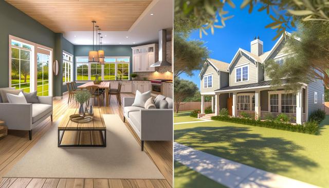 Left: Modern living room and kitchen with large windows and wooden floors. Right: Two-story suburban house with a porch and a green lawn.