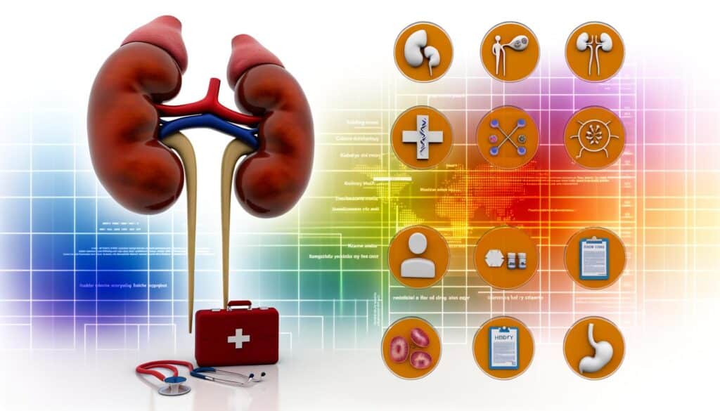 Illustration of kidneys, medical toolkit, stethoscope, and various healthcare icons on a colorful background.