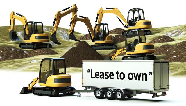 Yellow excavators with text "Lease to own" on a trailer, set against a hilly terrain backdrop.