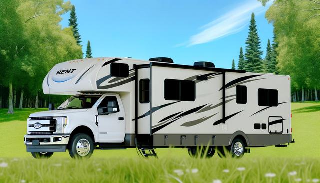 A large RV with a "Rent" sign is parked on grass beside a forest under a clear blue sky.