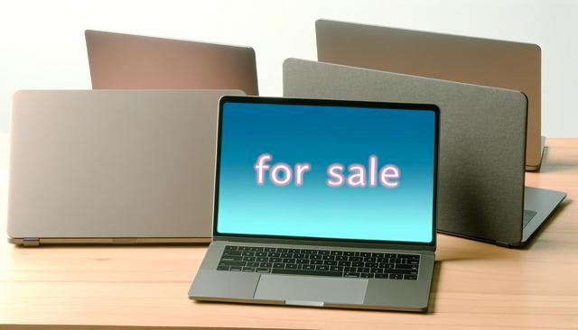 Five laptops on a table, one open with "for sale" on the screen.