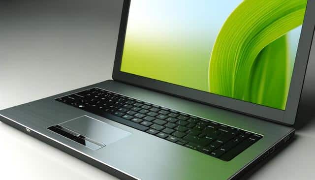 A sleek laptop with a green leaf on the screen.