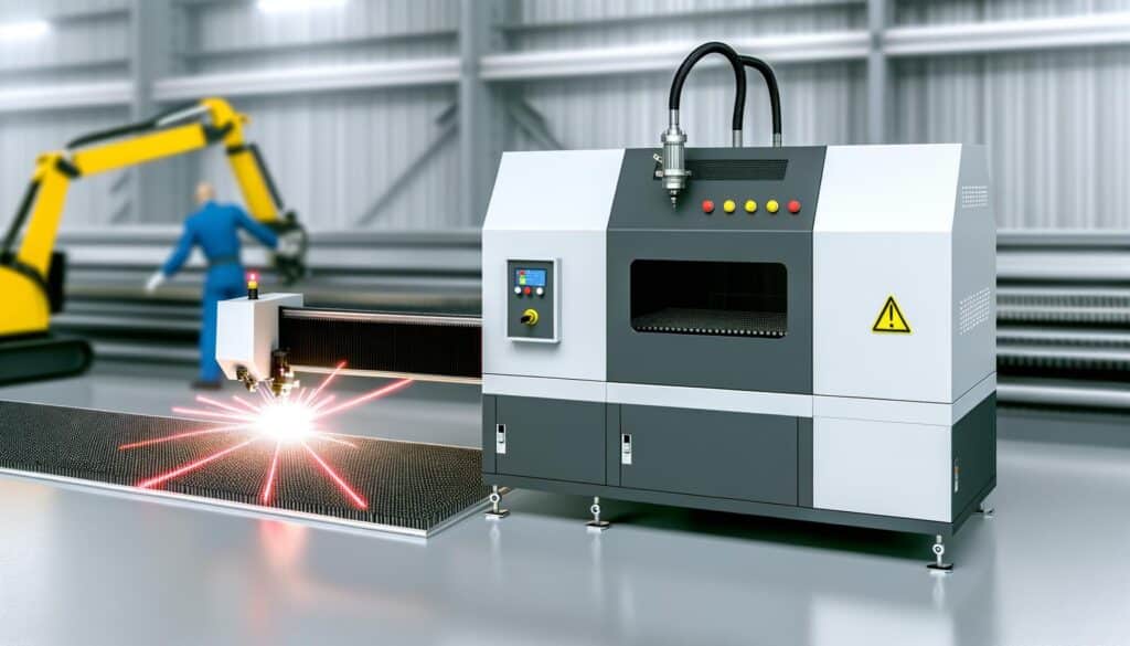 A laser cutting machine emits sparks in a factory, with a robotic arm and worker in the background.