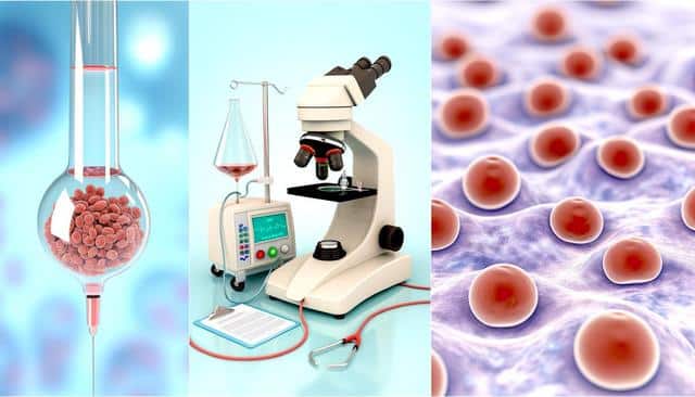 A laboratory setup with a microscope, blood cells in a flask, and a close-up of red cells on a surface.