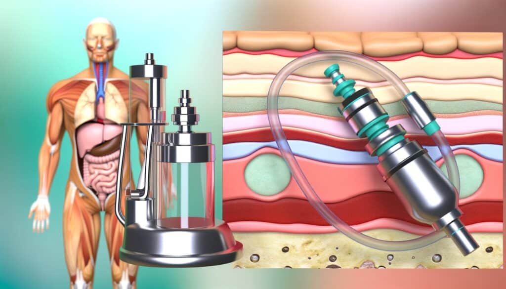 A medical illustration showing a muscular human figure and detailed skin layers with a medical device.