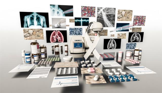 Medical equipment, X-rays, pills, documents, and bottles on a reflective surface.