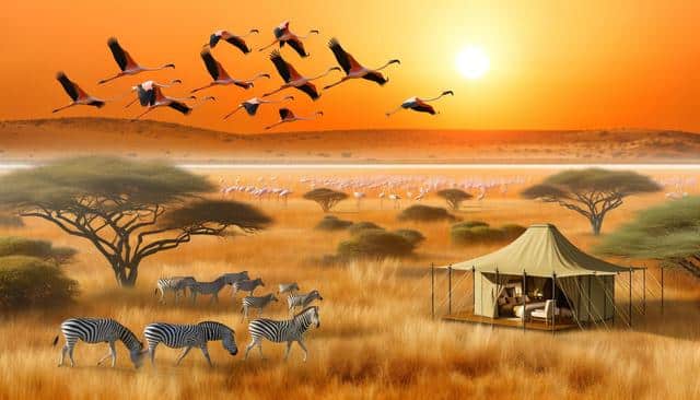 Sunset over an African savanna with zebras, flamingos, acacia trees, and a tent.