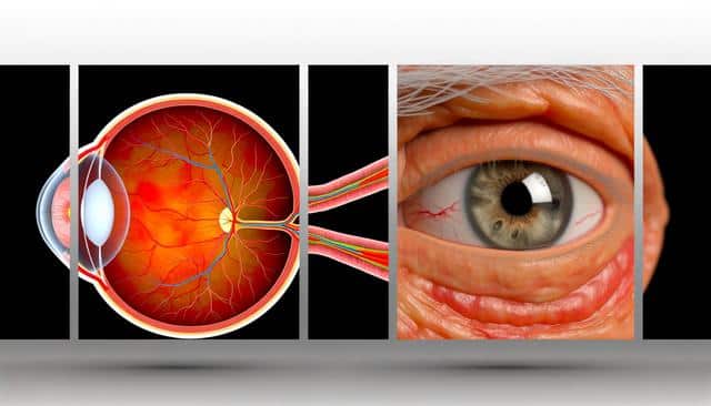 Four-panel illustration of an eye: cross-sectional view, retina close-up, optic nerve, and realistic eye exterior.