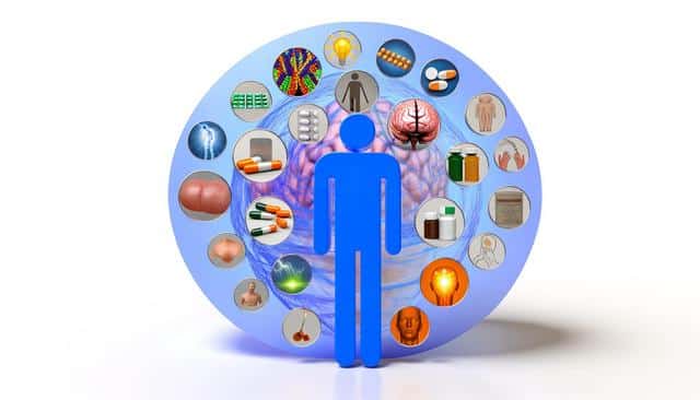 A blue human figure surrounded by various icons representing medicine, health, and body parts.