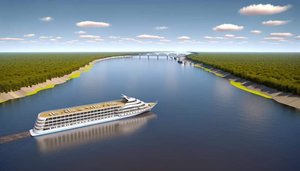 A cruise ship sails along a wide river surrounded by dense forests with a bridge in the distance under a blue sky with scattered clouds.