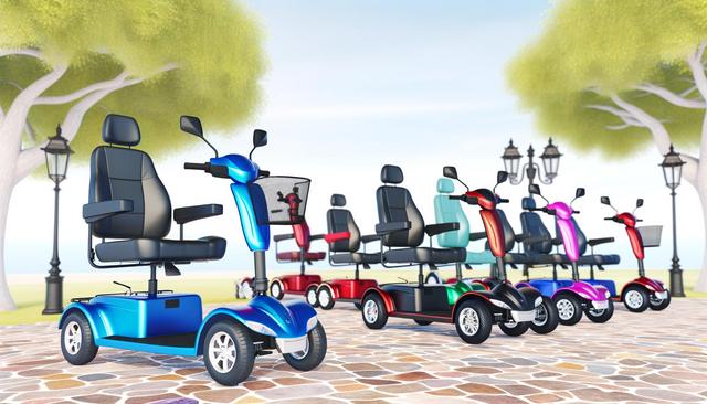 Colorful mobility scooters arranged in a row on a stone path, with trees and lampposts in the background.