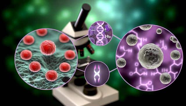 A microscope with DNA helix and cell illustrations, featuring colorful molecular graphics.