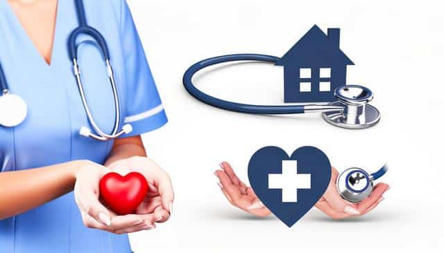 Nurse holding heart symbol, with stethoscope and healthcare icons in background.