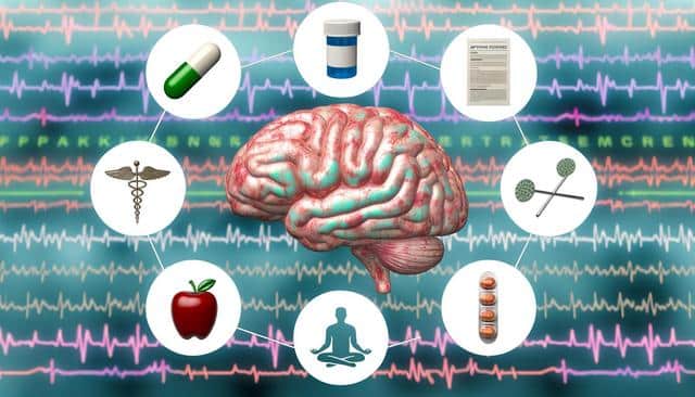 Digital illustration of a brain with icons around it, including pills, a prescription, a caduceus, an apple, a meditator, and reflex hammers, set against a background of brainwave patterns.