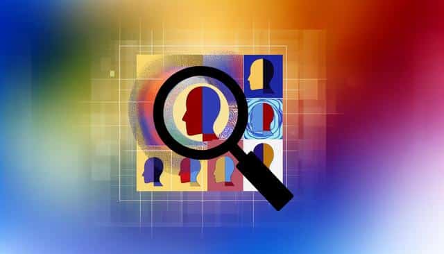 A gradient background with abstract head silhouettes and a magnifying glass.