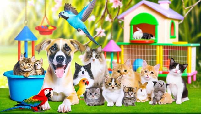 A group of cats, a dog, rabbits, and colorful parrots in a garden with a toy house.