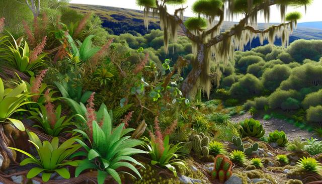 A lush forest scene with diverse plants, bright green foliage, and cacti under a tree draped in moss.