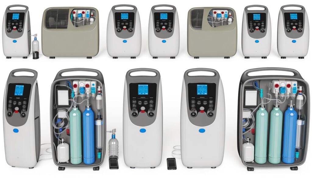 Medical oxygen and hydrogen generators, showing various units and their internal components with digital screens and control buttons.