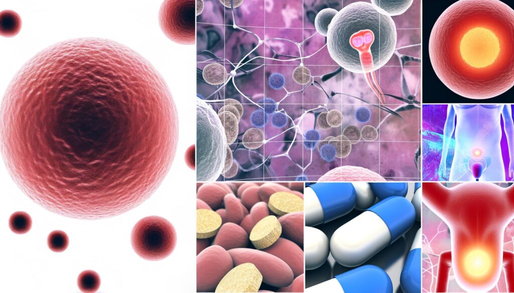 Collage of cells, neurons, pills, and a human figure highlighting the prostate area.