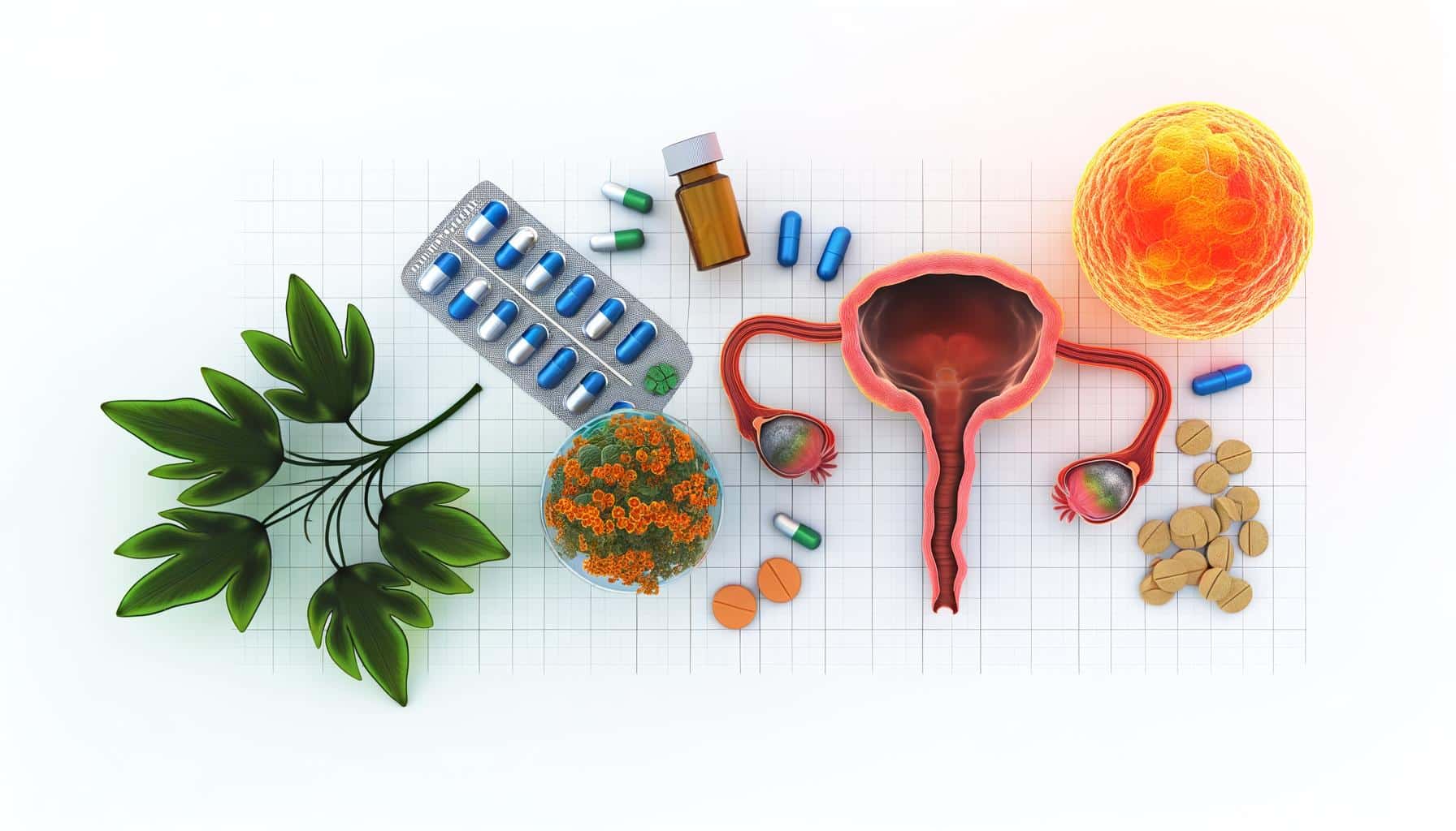 Illustration of urinary system anatomy next to various colorful pills and capsules.