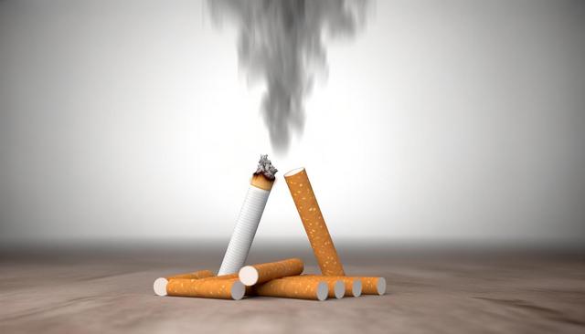 Unlit cigarettes arranged around a smoking, burnt cigarette on a wooden surface.