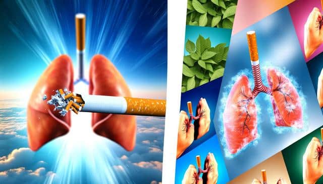 Collage depicting lungs and tobacco, with breaking cigarettes and green leaves.