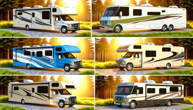 Nine motorhomes in different colors and styles parked outdoors in scenic areas.