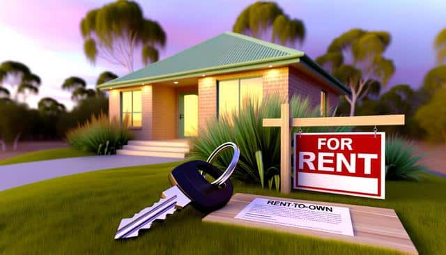 A small house with a green roof and garden, a "For Rent" sign, and keys on the grass.