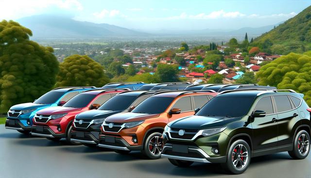 A row of colorful SUVs parked with a scenic mountain and village in the background.