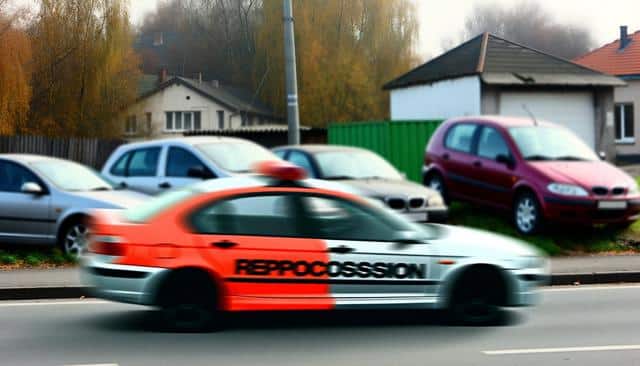 Blurred police car with "REPOLICE" text passing parked cars and houses.