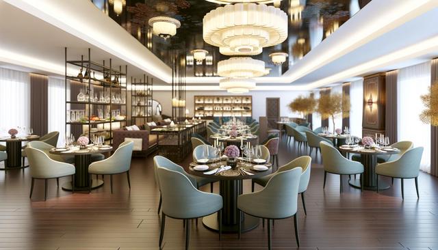 Elegant restaurant interior with modern chandeliers, round tables set with fine dining ware, and soft blue-green chairs.