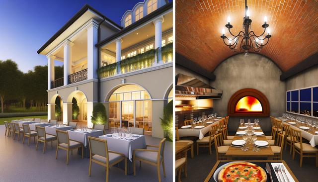 Elegant outdoor restaurant with arched columns and white tablecloths; cozy interior with a brick oven and chandelier.