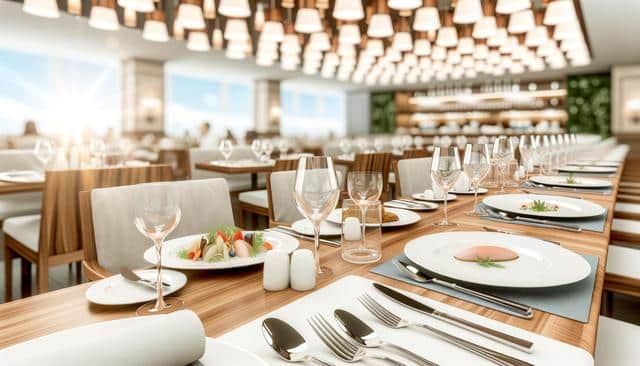 Elegant restaurant interior with wooden tables, white plates, and wine glasses, set for dining.