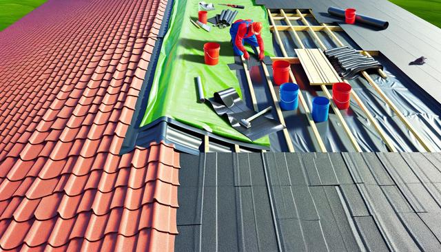 Close-up of overlapping metal roofing sheets, reflecting sunlight.